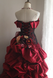 Retro warm red skirt puffy pleated handmade flower princess wedding dress HZ1022