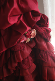 Retro warm red skirt puffy pleated handmade flower princess wedding dress HZ1022