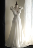 Roman style V-neck pleated shoulder chiffon waist white wedding dress HZ1022