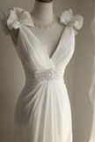Roman style V-neck pleated shoulder chiffon waist white wedding dress HZ1022