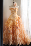 Chic orange heart-shaped neckline handmade flower beading irregular layered skirt A-line wedding dress HZ1022