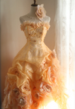 Chic orange heart-shaped neckline handmade flower beading irregular layered skirt A-line wedding dress HZ1022