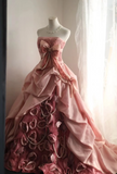 Pink Rose Irregular Pleated Handmade Flower Puffy Princess Wedding Dress HZ1022