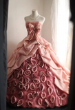Pink Rose Irregular Pleated Handmade Flower Puffy Princess Wedding Dress HZ1022