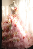 Gorgeous Princess Pink Rose Handmade Flower Fluffy A-line Wedding Dress HZ1022