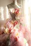 Gorgeous Princess Pink Rose Handmade Flower Fluffy A-line Wedding Dress HZ1022