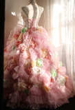 Gorgeous Princess Pink Rose Handmade Flower Fluffy A-line Wedding Dress HZ1022