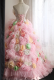 Gorgeous Princess Pink Rose Handmade Flower Fluffy A-line Wedding Dress HZ1022