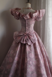 Princess Rose Print Satin Bow Puff Wedding Dress HZ1022