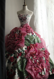 Dreamy Heavy Rose Printed Satin Handmade Flower Puffy Princess Wedding Dress HZ1022