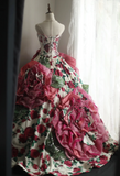 Dreamy Heavy Rose Printed Satin Handmade Flower Puffy Princess Wedding Dress HZ1022
