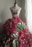 Dreamy Heavy Rose Printed Satin Handmade Flower Puffy Princess Wedding Dress HZ1022