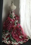 Dreamy Heavy Rose Printed Satin Handmade Flower Puffy Princess Wedding Dress HZ1022