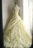 Soft light yellow floral beaded halter neck layered pleated puffy wedding dress HZ1022