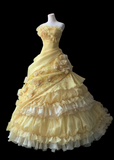 Vintage Heavy Handmade Flower Tube Top Light Yellow Pleated Layered Puff Wedding Dress HZ1022
