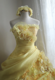Vintage Heavy Handmade Flower Tube Top Light Yellow Pleated Layered Puff Wedding Dress HZ1022