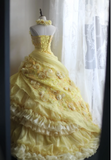 Vintage Heavy Handmade Flower Tube Top Light Yellow Pleated Layered Puff Wedding Dress HZ1022