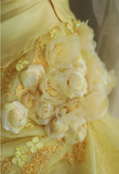Vintage Heavy Handmade Flower Tube Top Light Yellow Pleated Layered Puff Wedding Dress HZ1022