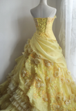 Vintage Heavy Handmade Flower Tube Top Light Yellow Pleated Layered Puff Wedding Dress HZ1022