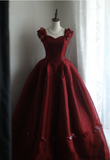 Gorgeous burgundy retro shoulder-wrapped sweetheart neckline puffy princess wedding dress HZ1022