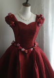 Gorgeous burgundy retro shoulder-wrapped sweetheart neckline puffy princess wedding dress HZ1022