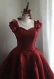 Gorgeous burgundy retro shoulder-wrapped sweetheart neckline puffy princess wedding dress HZ1022