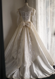 Cream Beige Palace Retro Long Sleeve Bow Satin Wedding Dress HZ1022