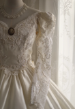 Cream Beige Palace Retro Long Sleeve Bow Satin Wedding Dress HZ1022