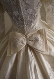 Cream Beige Palace Retro Long Sleeve Bow Satin Wedding Dress HZ1022