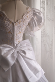 Retro Puff Sleeves Earrings Beaded Princess Wedding Dress with Train HZ1022