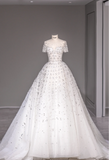 Round Neck Short Sleeve Backless A-Line Tulle Wedding Dress with Shiny Rhinestones HZ1022