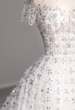 Round Neck Short Sleeve Backless A-Line Tulle Wedding Dress with Shiny Rhinestones HZ1022