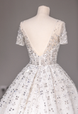 Round Neck Short Sleeve Backless A-Line Tulle Wedding Dress with Shiny Rhinestones HZ1022
