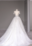 Round Neck Short Sleeve Backless A-Line Tulle Wedding Dress with Shiny Rhinestones HZ1022