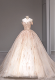 Princess Pink Off-shoulder Shiny Tulle A-line Wedding Dress with Train HZ1022