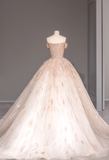 Princess Pink Off-shoulder Shiny Tulle A-line Wedding Dress with Train HZ1022
