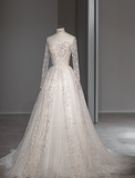 Vintage Elegant Long Sleeve Noble Open Back Tulle Wedding Dress HZ1022