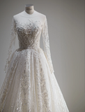 Vintage Elegant Long Sleeve Noble Open Back Tulle Wedding Dress HZ1022