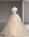 Elegant champagne color sweetheart neckline irregular pleated layered tulle A-line floor-length wedding dress HZ1022