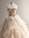 Elegant champagne color sweetheart neckline irregular pleated layered tulle A-line floor-length wedding dress HZ1022