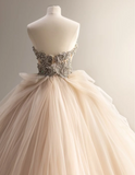 Elegant champagne color sweetheart neckline irregular pleated layered tulle A-line floor-length wedding dress HZ1022