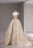 Retro and elegant shoulder-wrapped champagne-colored embroidered flower trailing wedding dress HZ1022