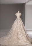 Retro and elegant shoulder-wrapped champagne-colored embroidered flower trailing wedding dress HZ1022