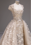 Retro and elegant shoulder-wrapped champagne-colored embroidered flower trailing wedding dress HZ1022