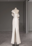 Elegant and simple one-shoulder white satin bow back slit mermaid wedding dress HZ1022
