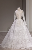 Retro Elegant White Lace High Neck Long Sleeve Floor-Length Wedding Dress HZ1022