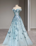 Dreamy Blue Sequined Off-the-shoulder A-line Wedding Dress with Waist HZ1022