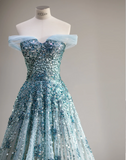 Dreamy Blue Sequined Off-the-shoulder A-line Wedding Dress with Waist HZ1022