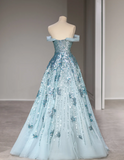 Dreamy Blue Sequined Off-the-shoulder A-line Wedding Dress with Waist HZ1022