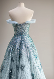 Dreamy Blue Sequined Off-the-shoulder A-line Wedding Dress with Waist HZ1022